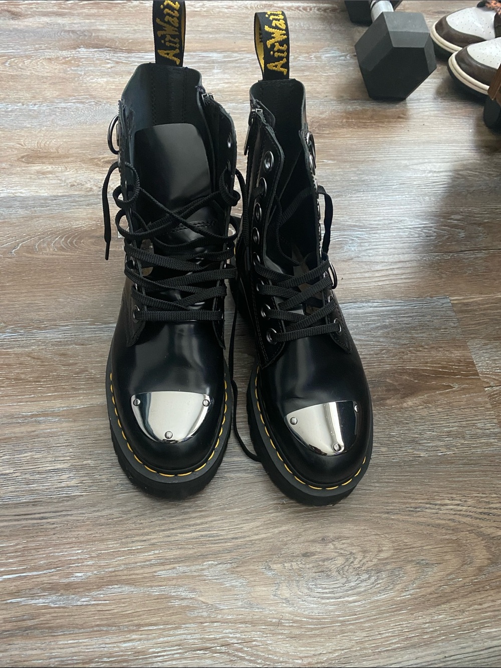 Dr. Martens Black Leather Combat Boots with Silver Toe Caps